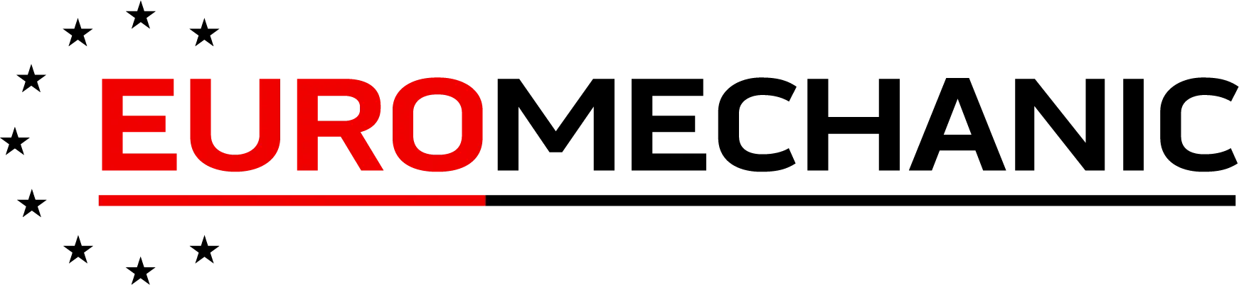 Logo reading EUROMECHANIC in bold, with EURO in red and MECHANIC in black. A thin red line extends from EURO beneath MECHANIC. Black stars form a semicircle on the left side. EuroMechanic | Top Reviewed Auto Repair Shop | Greater Toronto and Guelph | Visit Euromechanic