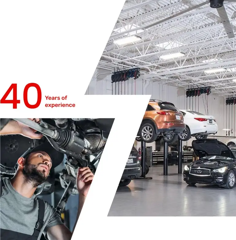 A mechanic works diligently underneath a vehicle in a garage, alongside an image showcasing a spacious car service area. Several cars are lifted on platforms. Text reads 40 Years of Auto Repair Services Experience in Greater Toronto in bold red letters. EuroMechanic | Top Reviewed Auto Repair Shop | Greater Toronto and Guelph | Visit Euromechanic