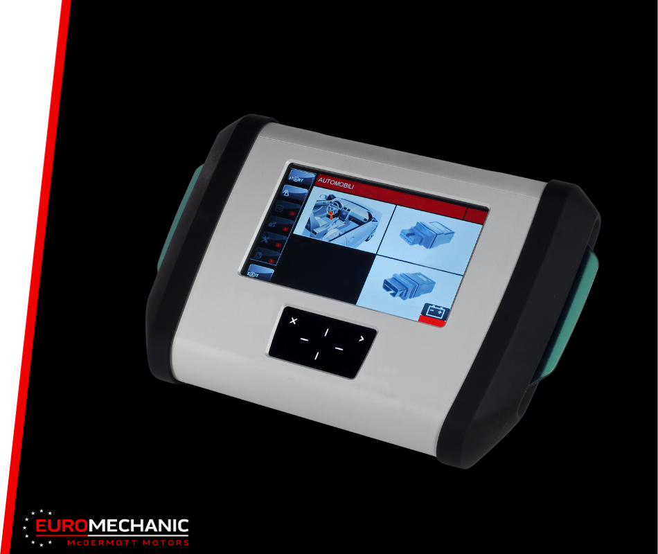 A digital diagnostic device with a screen displaying technical diagrams rests on a black surface, encased in sleek white and black. In the bottom left corner, a red and white striped border highlights EuroMechanic and McDermott Motors during a Car Checkup Greater Toronto session. EuroMechanic | Top Reviewed Auto Repair Shop | Greater Toronto and Guelph | Visit Euromechanic