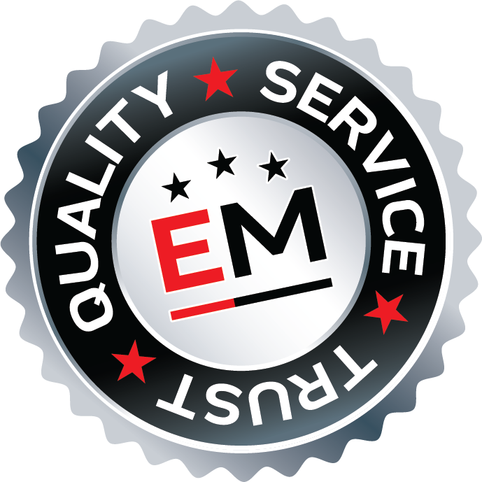 A silver and black circular badge with red stars, featuring the letters EM in the center. The words SERVICE, QUALITY, and TRUST appear around the edge of the badge. EuroMechanic | Top Reviewed Auto Repair Shop | Greater Toronto and Guelph | Visit Euromechanic