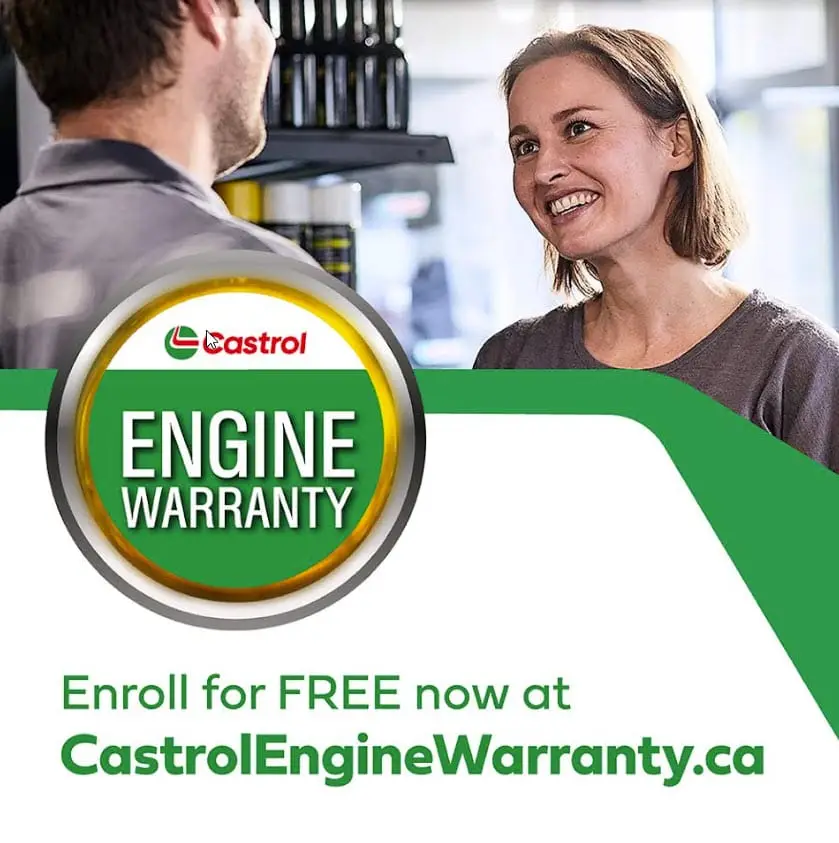 A woman smiles at a man inside a store, where the green and yellow Castrol Engine Warranty logo is displayed. Below, text invites you to enroll for FREE now at CastrolEngineWarranty.ca. Shelves filled with products line the background, hinting at the quality EuroMechanic Auto Repair provides. EuroMechanic | Top Reviewed Auto Repair Shop | Greater Toronto and Guelph | Visit Euromechanic