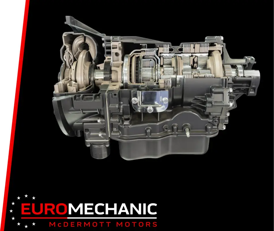 A detailed cross-sectional view of a transmission system is displayed against a black background, highlighting the intricacies of transmission repair. The image is branded with the text EUROMECHANIC McDERMOTT MOTORS in the bottom left corner. EuroMechanic | Top Reviewed Auto Repair Shop | Greater Toronto and Guelph | Visit Euromechanic