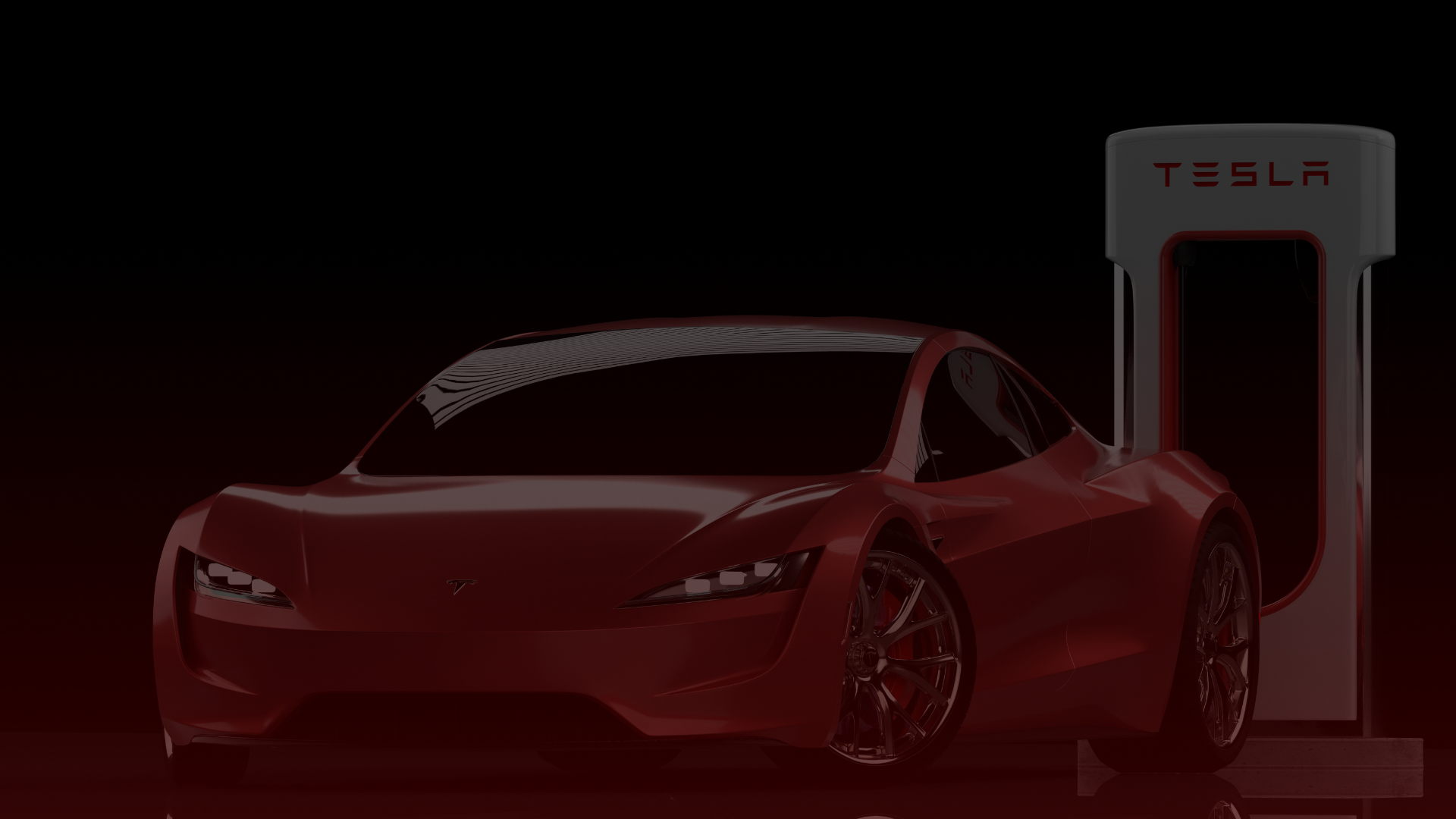 A sleek red sports car is parked next to a Tesla charging station in the Greater Toronto area, against a dark background. The car boasts a futuristic design with sharp angles and shining wheels, while the charging station prominently displays the Tesla brand name at the top. EuroMechanic | Top Reviewed Auto Repair Shop | Greater Toronto and Guelph | Visit Euromechanic