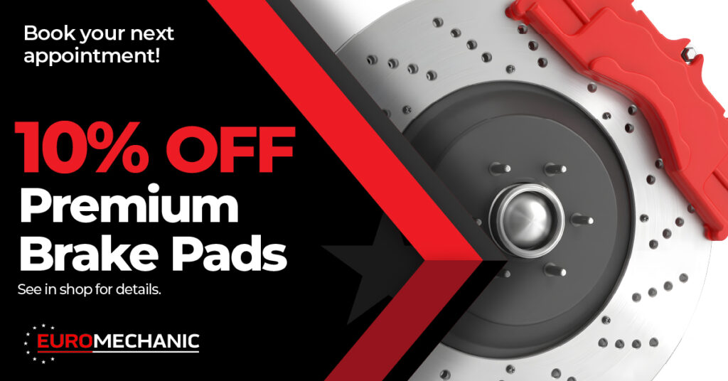 Promotional banner showing a close-up of a brake disc and red brake caliper, with text: “10% OFF Premium Brake Pads. Book your next appointment!” and the EuroMechanic logo. EuroMechanic | Top Reviewed Auto Repair Shop | Greater Toronto and Guelph | Visit Euromechanic